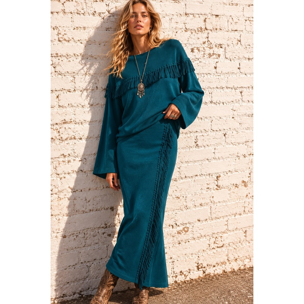 Vintage Miss Dorby Teal Knit Sweater Maxi Skirt Set Fringe Western Boho Large